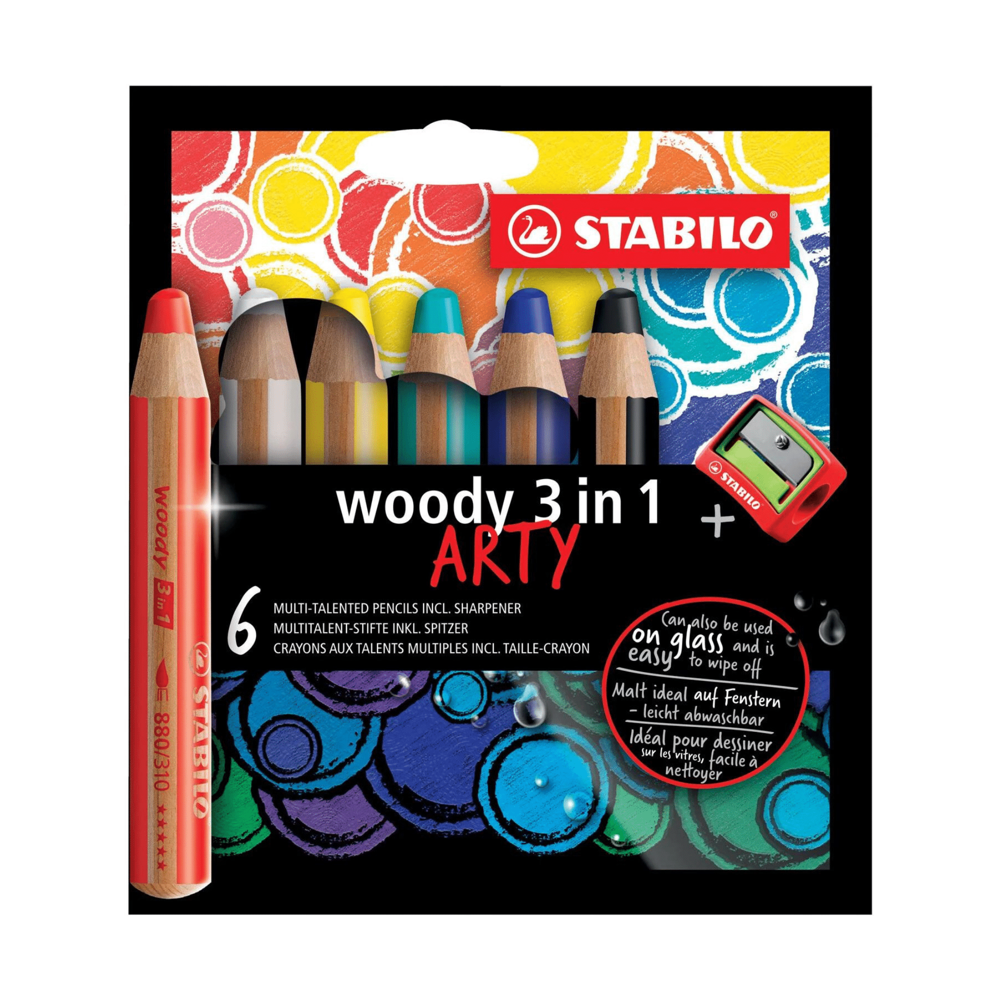 stabilo woody 3 in 1,crayon enfant multisurface,crayon lavable enfant,crayon gras pour tableau noir,accessoire dessin enfant,crayon aquarellable enfant,crayon épais pour petites mains,lot de crayons stabilo,stabilo woody compatible table enfant,taille-crayon woody stabilo