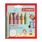 Set mit 6 STABILO Woody 3-in-1-Multitalentstiften + 1 Anspitzer – Pastellfarben