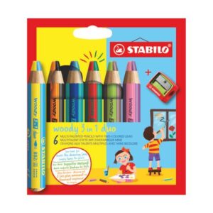 Set mit 6 STABILO woody 3-in-1 Duo-Multitalent-Bleistiften + 1 Anspitzer