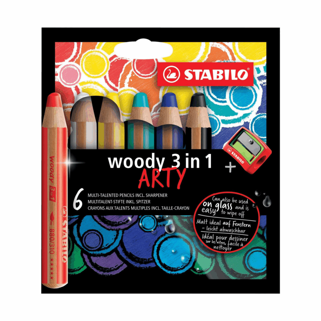 Set mit 6 STABILO Woody ARTY 3-in-1-Bleistiften + passendem Anspitzer
