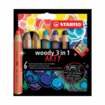 Set mit 6 STABILO Woody ARTY 3-in-1-Bleistiften + passendem Anspitzer