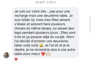 Capture d’écran d’un message client enthousiaste sur une deuxième table